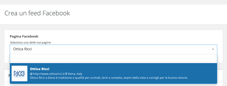 Menu creazione pagina Facebook