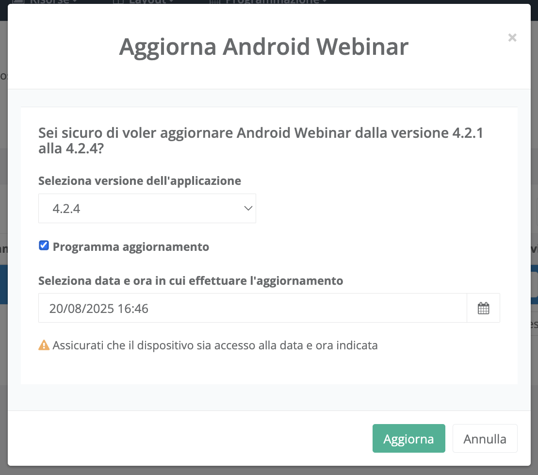 Finestra di aggiornamento programmato
