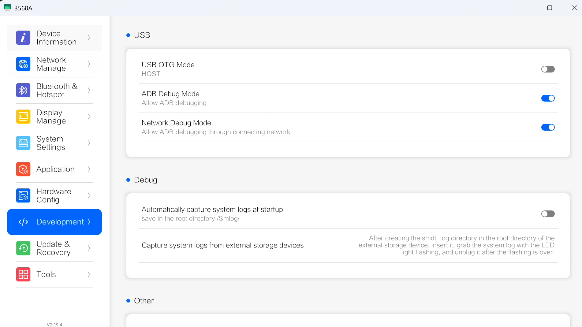 Abilitazione ADB Debug Mode in OS Tools